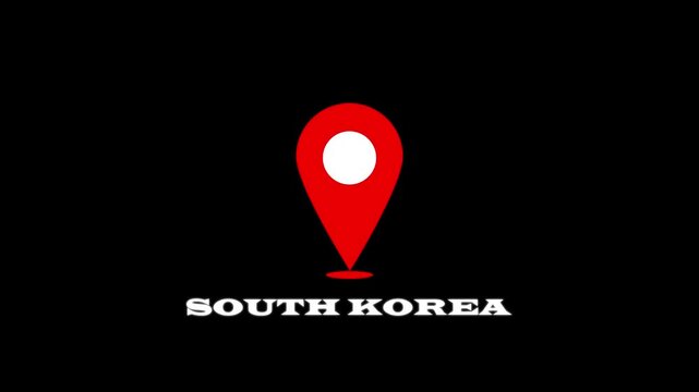 South Korea Map Location Pin Animation on Black Background. South Korea text up-down location pin pointer icon. Alpha channel GAPS location tracking animation. 4 video.