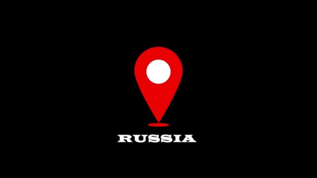 Russia country location pin animation. GAPS tracking map pointer icon with alpha channel and black background, 4 video.