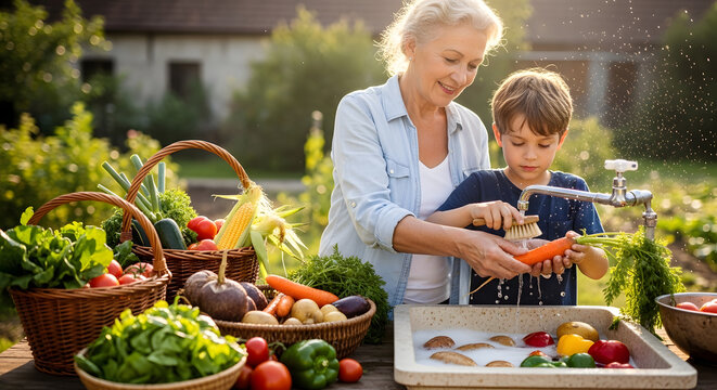 Senior woman and young boy cleaning vegetables under a tap at an outdoor sink surrounded by baskets of garden produce