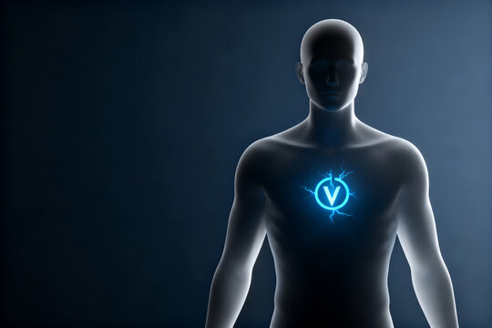 Surreal 3D render of a faceless human silhouette with a glowing blue energy symbol on chest. Symbolizes loss of identity, perpetual activity, and internalization of the always-on corporate culture