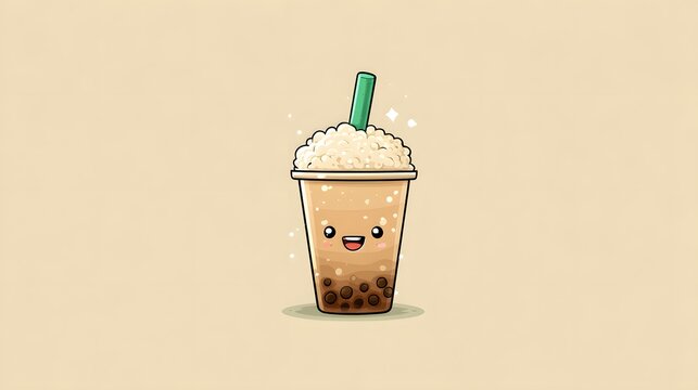 Cute Kawaii Boba Tea Drink with Happy Face and Straw.