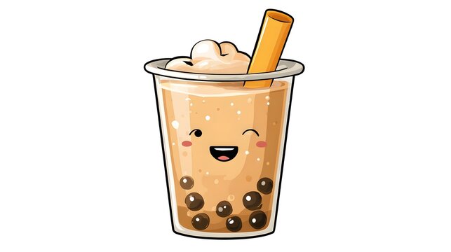 Cute Kawaii Boba Tea Drink with Happy Face and Tapioca Pearls.
