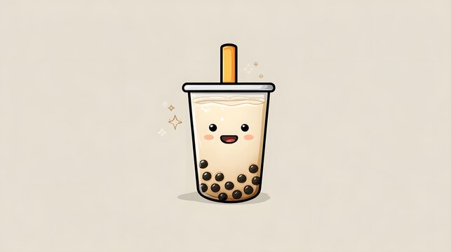 Cute Kawaii Boba Tea Drink with Happy Face and Tapioca Pearls.