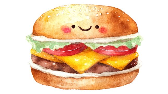 Cute Kawaii Burger Character with Smiling Face and Cheesy Layers.
