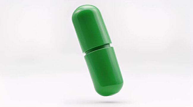 Isolated green capsule pill, dietary supplement, nutritional support, on a white background