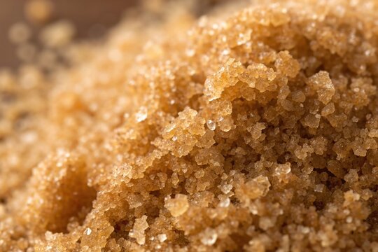 Brown sugar crystals gleam under soft light