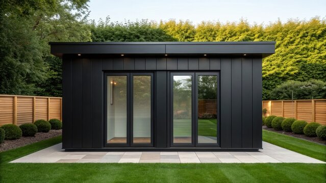 adu small home Modern black garden office pod with glass doors in a neatly landscaped backyard with wooden fencing.