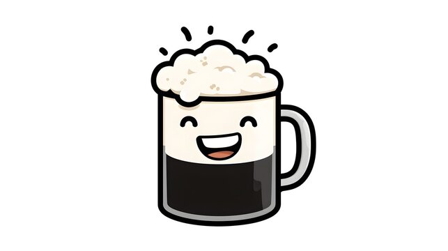 Cute Kawaii Mug of Dark Beer with Frothy Head Smiling Happily.