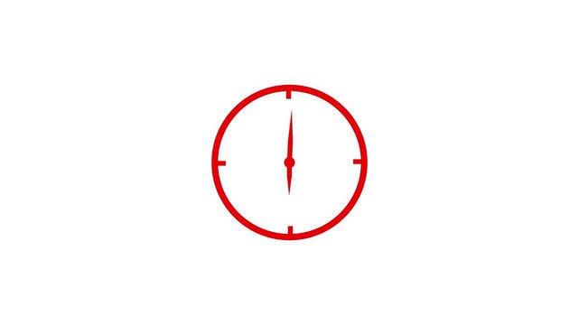 Red Clock spinning, watch animation on black background with alpha channel. Clock icon flat style 24 hours day fast speed with moving timer clock rotation. 4 video