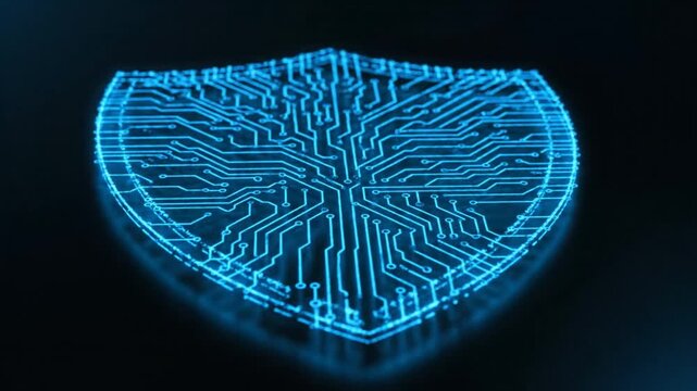 Dynamic glowing digital shield symbolizing advanced cybersecurity, data protection, and network security against evolving online threats and vulnerabilities