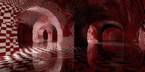 Fototapeta premium Abstract Hallway with Red and White Checkerboard Pattern, Arches and Reflective Floor