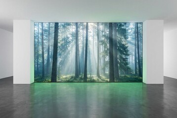 Fototapeta premium Modern Minimalist Interior with Large Digital Screen Displaying Sunlit Forest