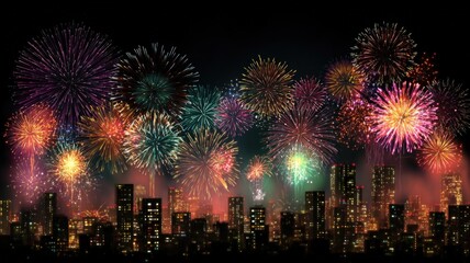 Obraz premium Spectacular Fireworks Display Over Urban Cityscape at Night, Celebrating Festive Occasion with Vibrant Colors