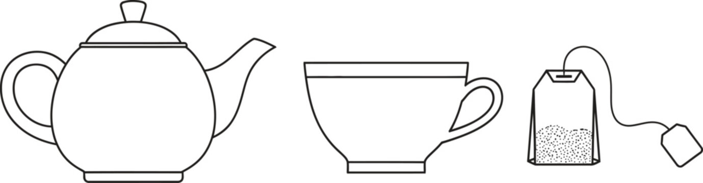 Simple outline vector illustration of a teapot teacup and tea bag perfect for beverage-related graphic design projects