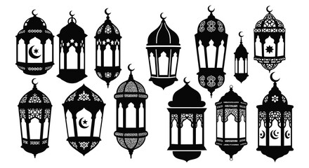 An elegant collection of ornate islamic lanterns depicted in a striking black silhouette high quality professional © Kuntol02