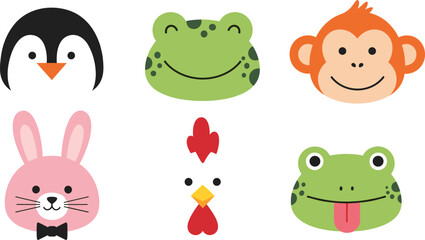 Cute Cartoon Animal Faces Vector Collection Featuring Penguin Frog Monkey Rabbit and Chicken Avatars for Kids Education Graphic Design Nursery Decor and Social Media Icons