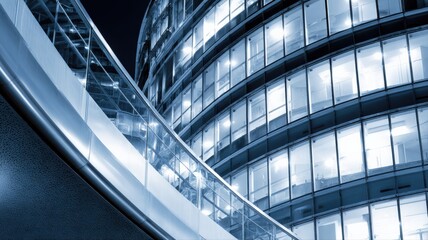 Obraz premium Modern urban architecture showcasing a curved glass facade and illuminated office spaces at night