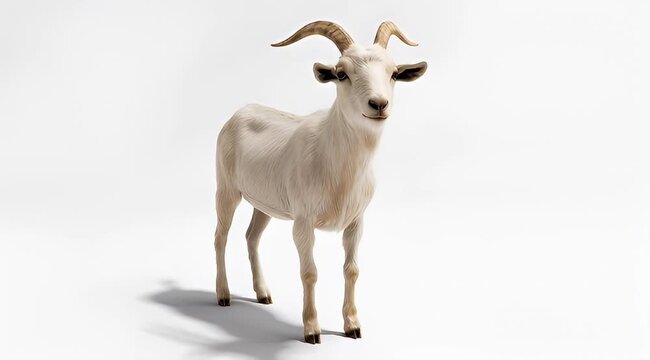 Beautiful white goat with horns standing on a clean white background
