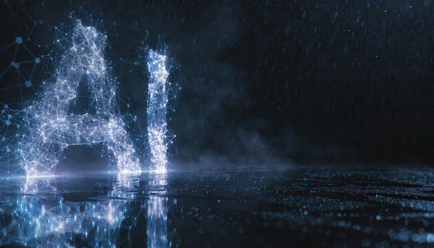 Glowing AI letter made of digital network nodes and particles in rainy reflective scene