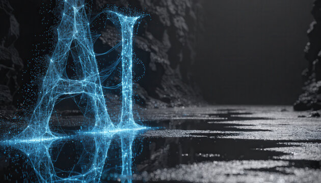 AI generated network letter glowing blue light over reflective water, futuristic abstract emotion