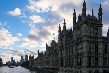 Obraz premium London, UK – View of the Palace of Westminster from the River Thames, showing the Perpendicular Gothic Revival architecture of the British seat of government, designed by Charles Barry.