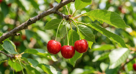 Obraz premium Close-up of ripe red cherries on a branch from the side, green leaves and soft blurred background, natural sunlight, fresh summer fruit on a cherry tree.