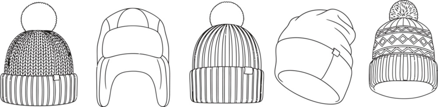 Vector outline set of diverse winter hats including beanies with pom-poms and a trapper hat perfect for fashion design templates and cold weather apparel concepts