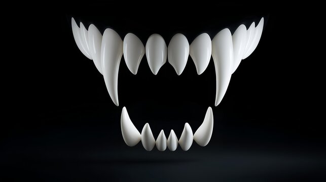 A striking close-up of sharp, white animal fangs against a dark background, evoking a sense of fear and intrigue.