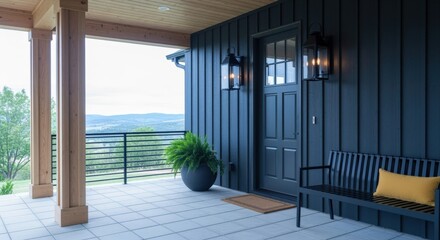 Naklejka premium Stylish home exterior featuring dark siding, a welcoming porch, decorative lanterns, and scenic views