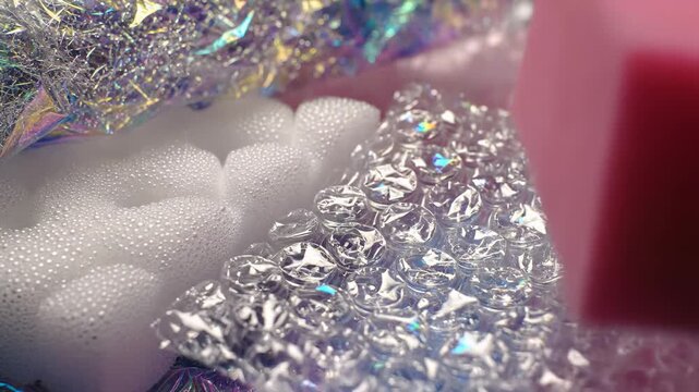 Close-Up of Bubble Wrap and Textured White Material Under Sparkling Lights