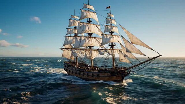 A large sailing ship on the ocean.