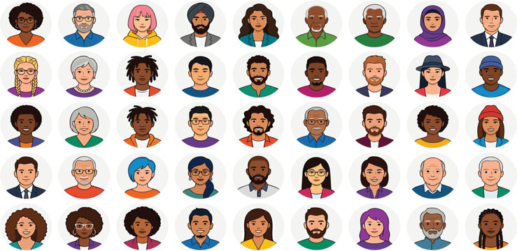 Diverse group of cartoon avatars representing various ages, genders, ethnicities, and styles for profile pictures or user icons on websites and apps