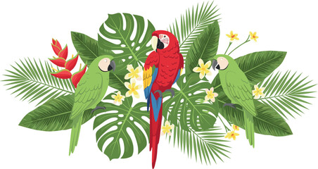 Colorful tropical parrots with exotic jungle leaves and flowers, macaw birds surrounded by palm and monstera foliage, vibrant nature illustration isolated on white © MdMojibar
