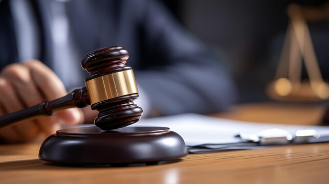 A close-up of a gavel on a wooden desk, symbolizing justice and law in a courtroom setting, conveying authority and decision-making.