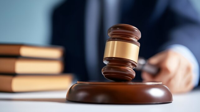A close-up of a gavel on a desk, symbolizing justice, law, and decision-making in a courtroom setting.