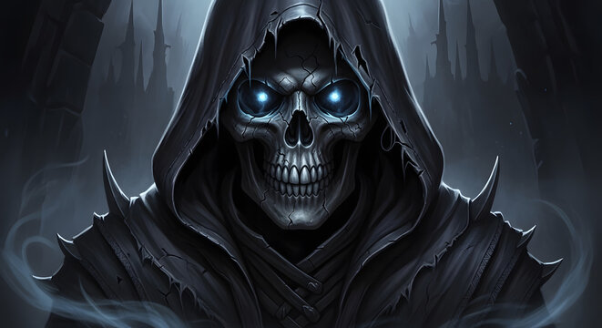 A dark hooded figure with a glowing blue-eyed skull and spiked armor
