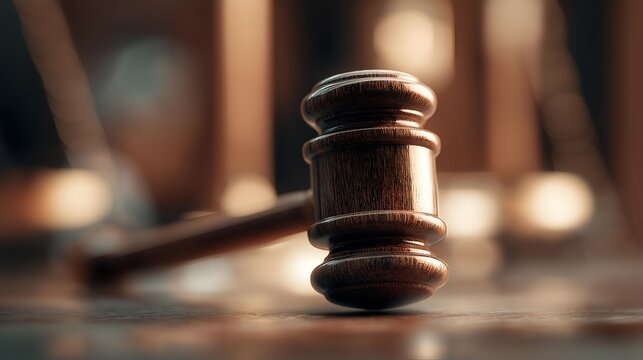 A close-up of a wooden gavel resting on a court desk, symbolizing justice and legal proceedings in a courtroom setting.