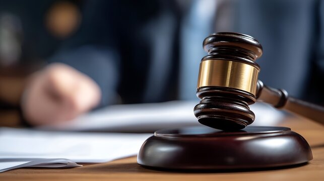 A close-up of a wooden gavel resting on papers, symbolizing justice and legal proceedings in a courtroom environment.