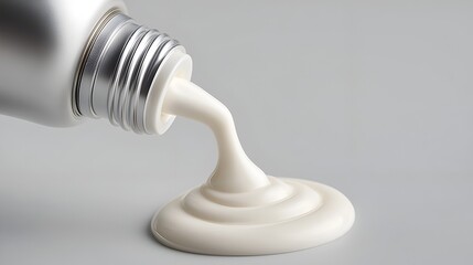 A close-up shot of creamy sauce oozing from an aluminum tube on a smooth surface, perfect for culinary presentations.
