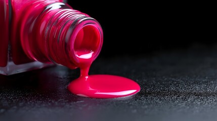 A close-up shot of vibrant pink nail polish spilling from its bottle onto a dark surface, capturing the essence of beauty and style.