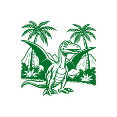 A cartoon green pterodactyl dinosaur standing in a prehistoric landscape with palm trees and mountains. © davis