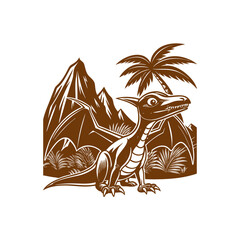 Vintage style illustration of a cute cartoon pterodactyl in a prehistoric landscape with mountains and a palm tree, rendered in sepia tones. © davis