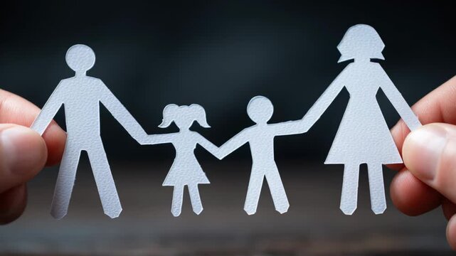 Paper cutout family holding hands in a dark background,  symbolizing support and care for people in need  