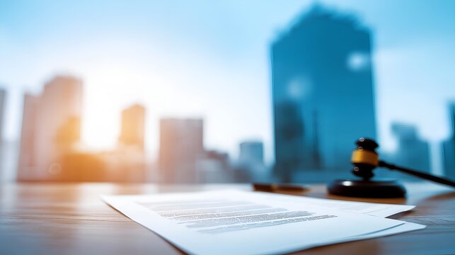 A close-up view of a gavel and legal documents with a city skyline in the background, symbolizing justice and legal proceedings.