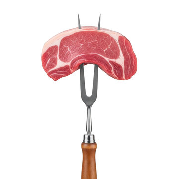 Freshly sliced raw beef steak hanging from a meat hook isolated on transparent background