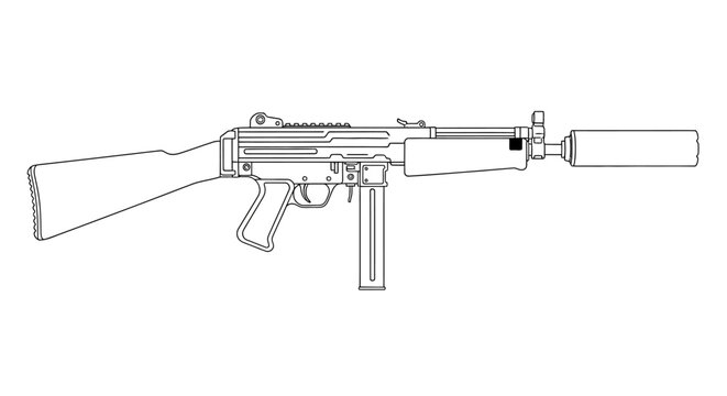 Line Art Drawing of a Submachine Gun with Suppressor and Stock