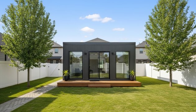 adu small home Modern backyard studio with large glass doors, wooden deck, and green lawn bordered by white fences and trees.