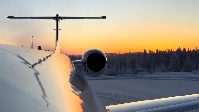 Close-up Of Private Business Jet's Tail And Rear-mounted Engine At Sunset On Snow-covered Tarmac In Arvidsjaur, Sweden.