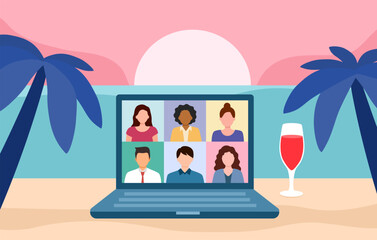 Fototapeta premium Office on a beach with a laptop showing a video conference meeting
