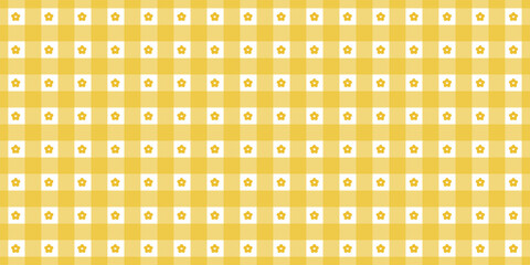 Pink gingham checkered pattern with small Yellow gingham or vichy seamless pattern with daisy flower icons seamless background © Dipok